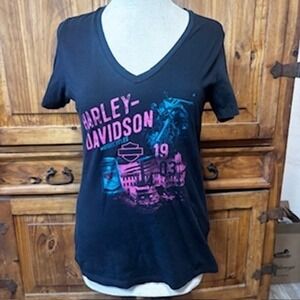 Harley-Davidson Steel City Washington PA Pink Graphic V-Neck Tee Women's Medium
